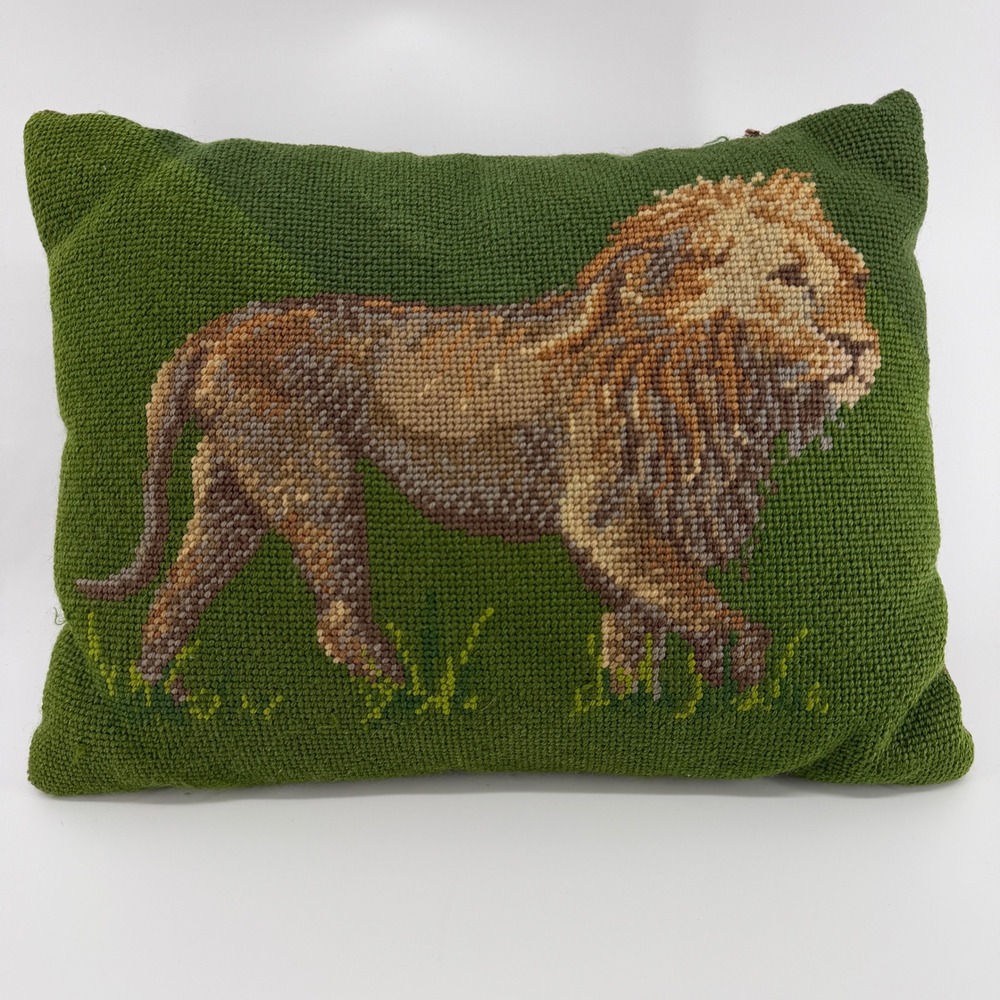 Vintage Lion Needlepoint Pillow Green Brown Velvet Back Safari Animal 14x10